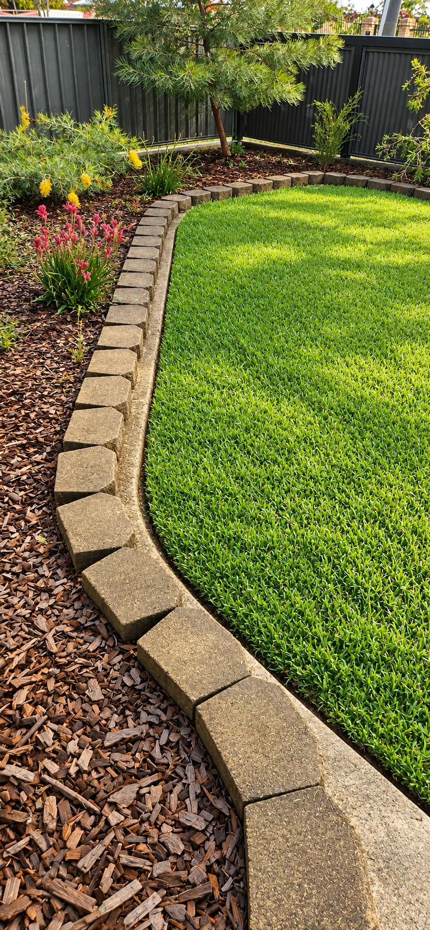 Neatly maintained lawn edge and mulched garden bed