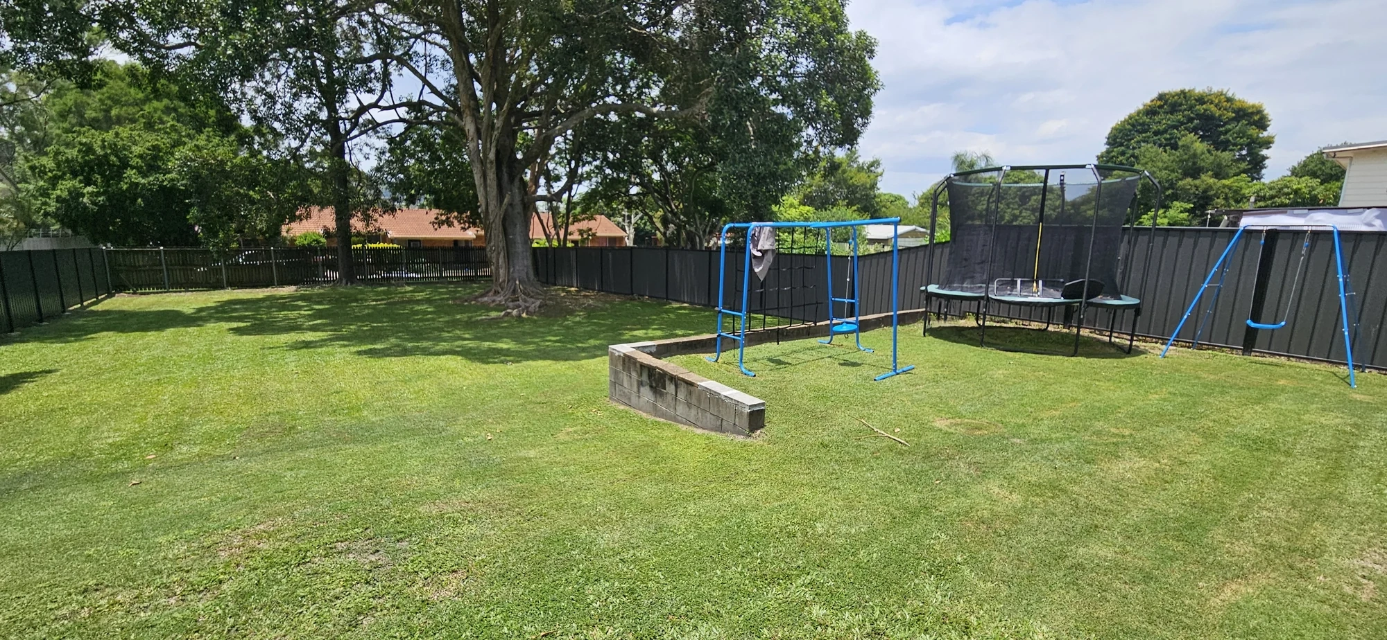 Freshly mown lawn in a residential backyard